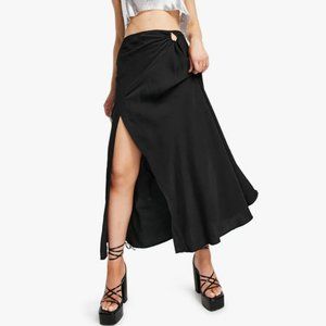 Topshop ruched satin maxi skirt in black with side slit - Size US 12 NWT
